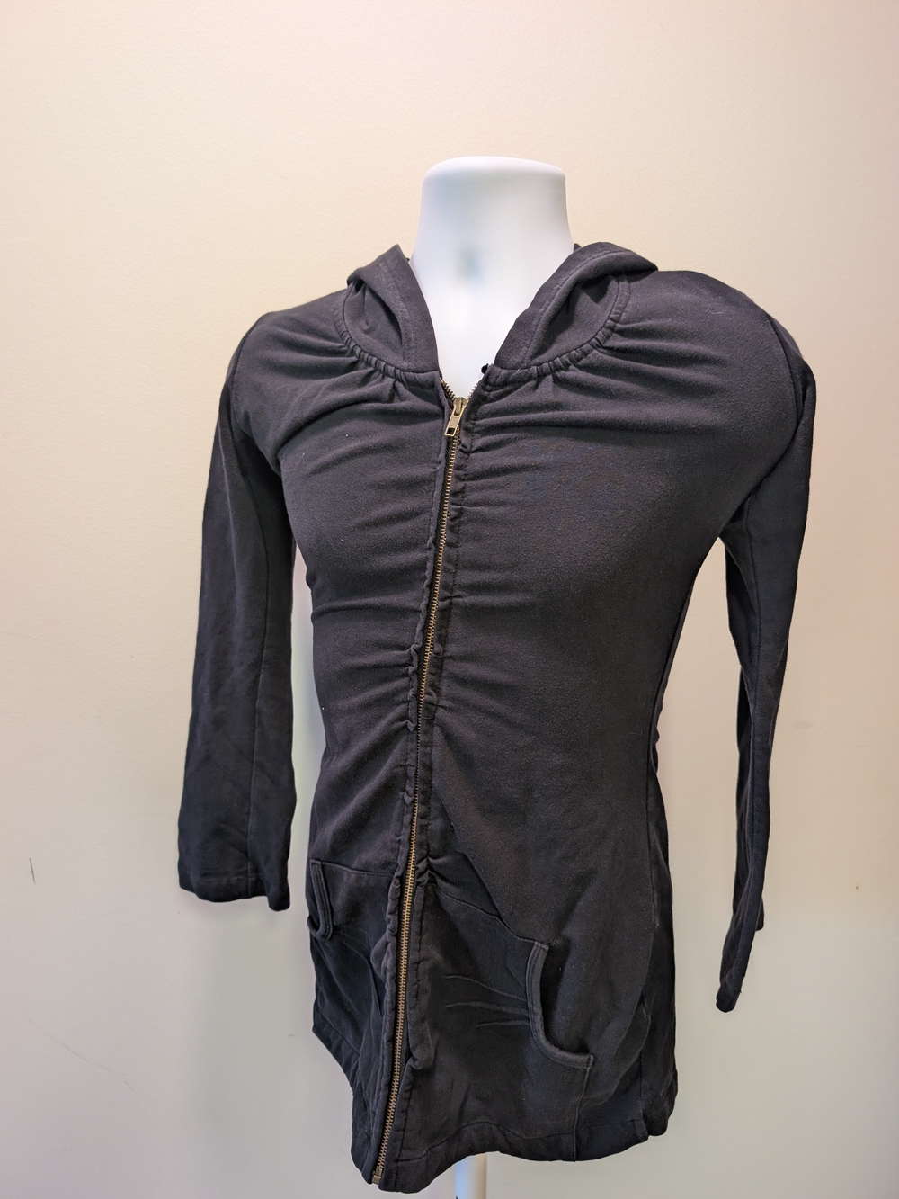 Nectar Creations Washed Black Ruched Longline Full Zip Hoodie Jacket Size S